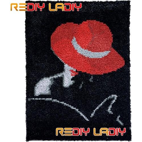 Latch Hook Rug Kits Red Hat Girl Plush Wall Tapestry DIY Carpet Rug Thick Yarn Arts Cushion Crocheting Floor Mat Home Decor Gift