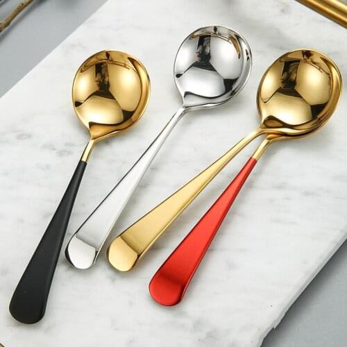 Stainless Steel Soup Spoons Colorful Gold Black Round Head Ice Cream Cake Dessert Coffee Tea Milk Mixing Spoon Kitchen Tableware