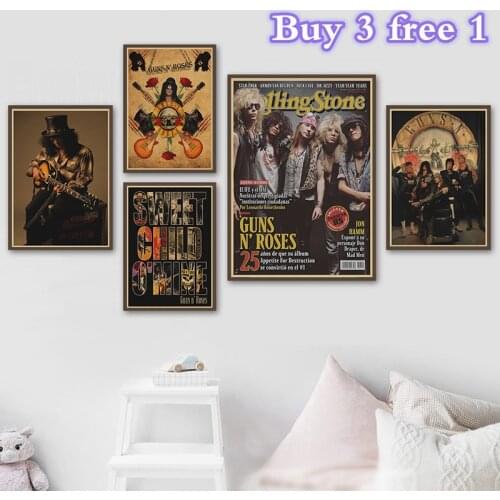 Nostalgic Kraft Paper Poster Rock Band Guns N' Roses Cafe Bar Poster Retro Poster Decorative Painting Wall Sticker