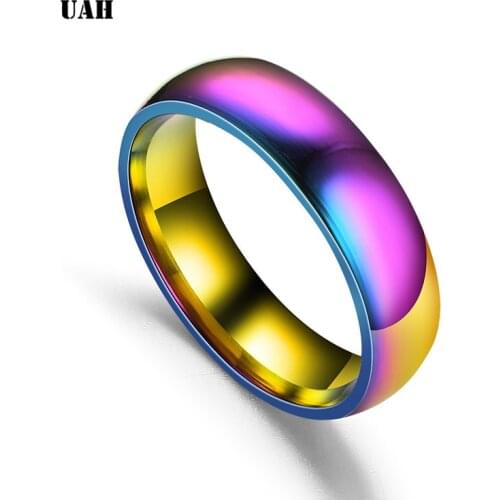 UAH Simple Titanium Steel 6mm Wedding Bands Ring Rianbow Party Gift For Men Fashion Jewelry Size 5-13