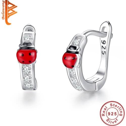 Wholesale Real 925 Sterling Silver Red Ladybug Earring Cute Insect Enamel Hoop Earring For Kids Girl Party Birthday Gift