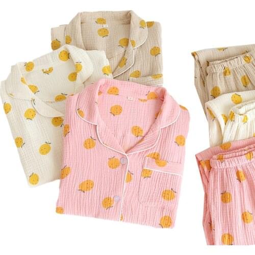 Lemon Print Pajamas Set Womens Gauze Cotton Washed Crepe Lapel Long-Sleeve+Trousers All Seasons Soft Cotton Ladies Casual Wear