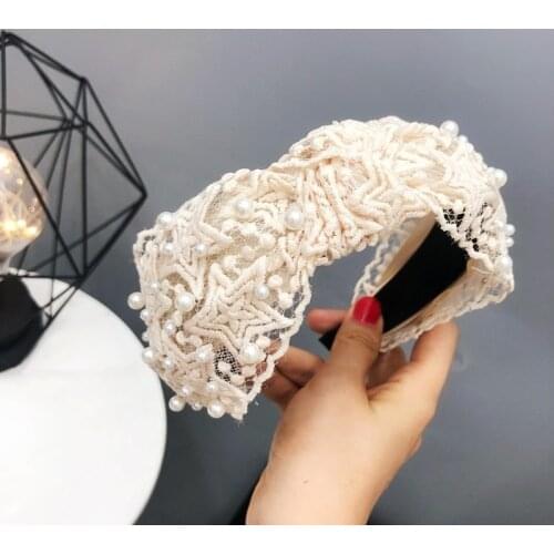 Fashion Star Bowknot Wide Headbands for Women Embroideried Lace Pearl Hairbands Head Wrap Hair Band Casual Hair Accessories Gift