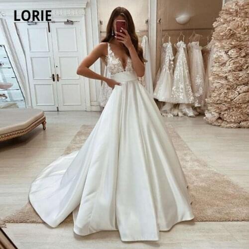 LORIE Simple Beach Wedding Dresses V-Neck Appliques Lace Sexy Wedding Gowns Satin A-Line Custom Made Boho Bridal Dress 2021