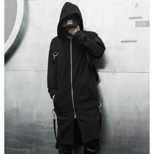 Men Ribbon Thick Casual Long Sleeve Hooded Shirt Coat Male Streetwear Hip Hop Punk Long Style Shirt Cardigan Jacket Outerwear