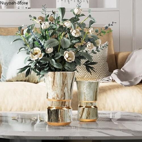 Modern Light Luxury Marble Ceramic Vase Simple Golden Stroke Living Room Dried Flower Flower Arrangement Nordic Decoration Home