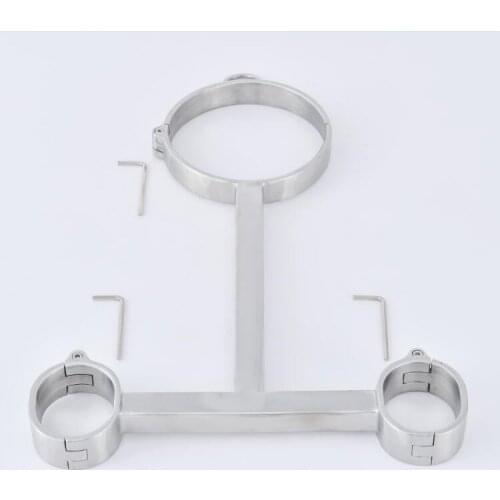 Screw Lock Stainless Steel Bondage Yoke Pillory Handcuffs Shackles Wrist Cuffs Neck Ring Collar Restraints Cangue Adult Sex Toy