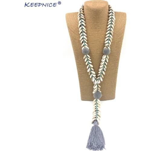 New Handmade Cowrie Shell Beaded Chain Necklace Bohemia Boho Pompoms Long Fringe Tassel Pendants Necklace For Women Summer