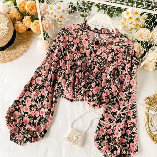 Spring Autumn Womens Lantern Sleeve Chiffon Shirt Top Sweet Print Shirt Female Flower Long Sleeve Chiffon Top Female GD335