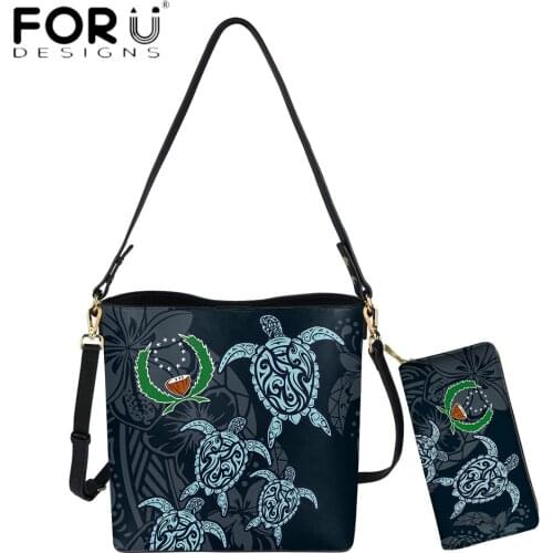 FORUDESIGNS Luxury Designer Women Bucket Bag And Purse Pohnpei Tribal Polynesian Turtle Pattern Print Lady Casual Crossbody Sac