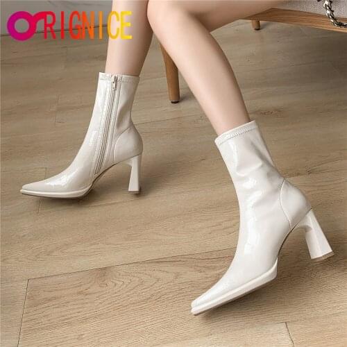 Orignice New Pointed Toe Sexy Thick High Heels Ankle Boots Women Spring Autumn Zipper Patent Leather Fashion Party Dress Shoes