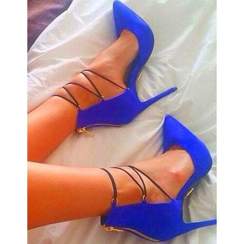 Women sapphire blue pointed-toe Cross Belt High Quality Stylish High Heel Ankle Booty Pumps Lady Fashion Design shoes woman