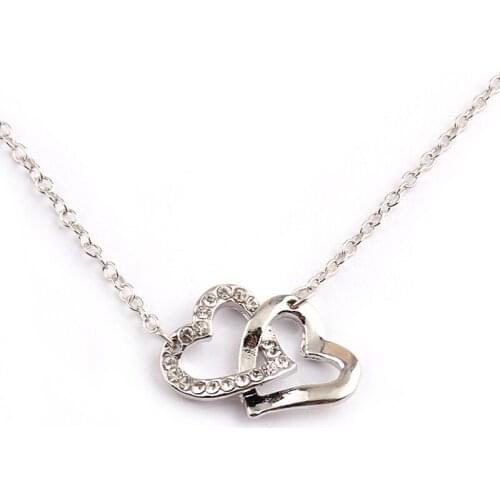 Free shipping Fashion white crystal double heart connected hug holiday gift Women Necklace for lady