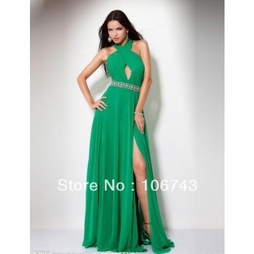 Free shipping 2016 new fashion brides vestidos robe de soiree Formal sexy slit style green long prom party gown evening Dresses
