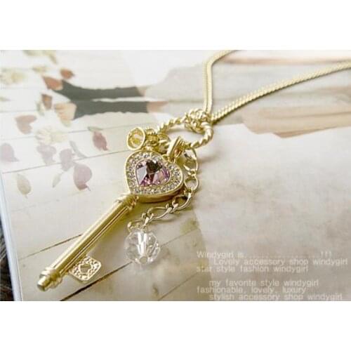 2019 fashion Hot sales new vintage gold silver Crystal heart pendant Key shape necklaces womens jewelery