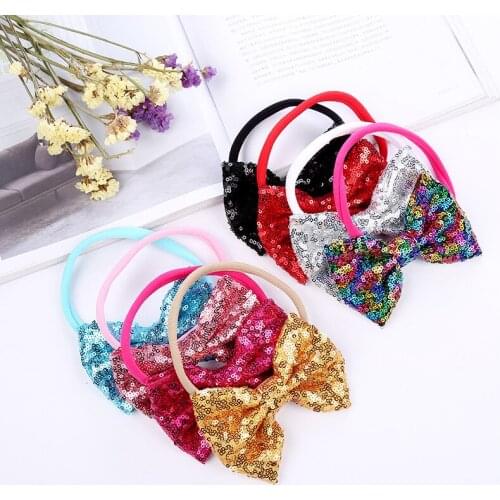 8pcs/lot Large Sequin Glitter Hair Bows With Nylon Headbands Rainbow Hairbow Chic Girls Elastic Soft Headbands Hair Accessories