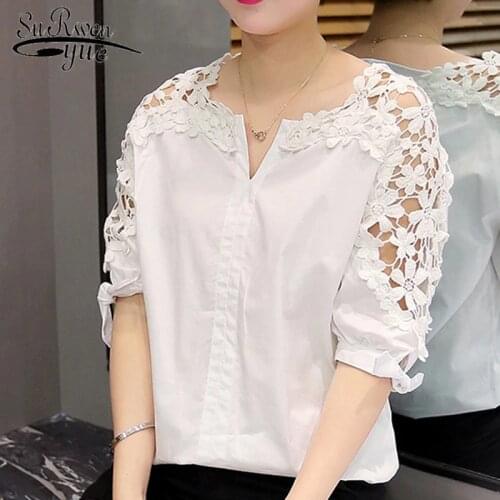 White Plus Size Women Blouses Shirts Fashion 2021 Floral Hollow Out Short Sleeve Womens Clothing V-neck Tops Blusas 5XL 823A 30