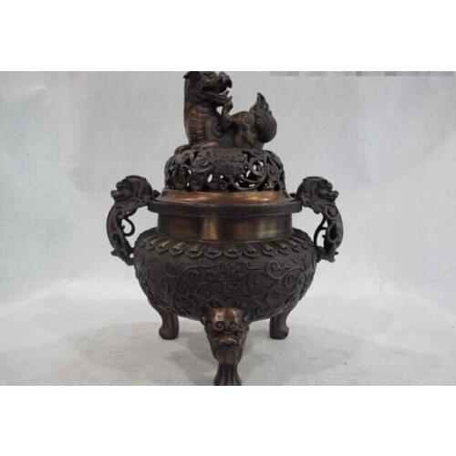 Free Shipping 28cm 11" Chinese Buddhism Copper Bronze Foo Fu Dog Lion 3 Feet Incense Burner Censer