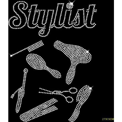 Free shipping Stylist Dryer Comb Scissor Hair Rhinestone Transfer design iron on for apron garments