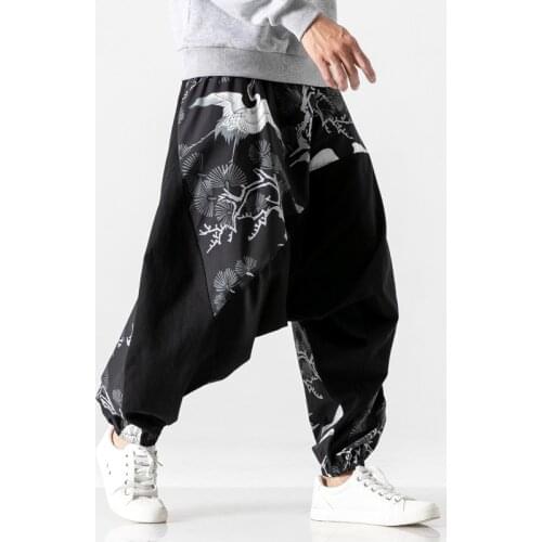 Fashion Men Wide Leg Harem Pants Chinese Style Print Kung Fu Tai Chi Bottoms Japanese Harajuku Asian Clothes Casual Trousers