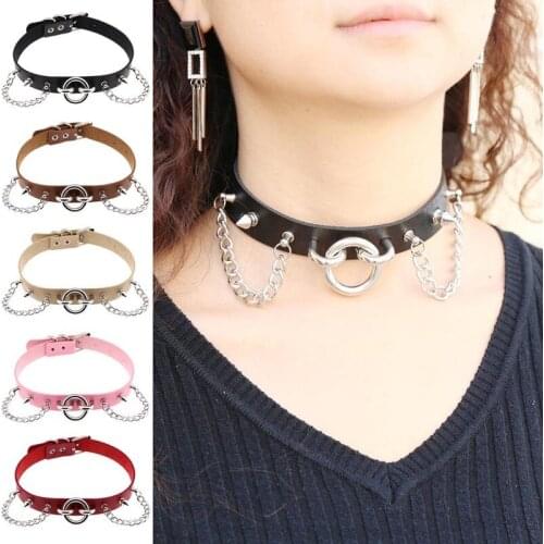 Choker Rivets O Round Metal Chains Leather Collar Bondage Goth Chokers Women Gothic Necklace 2021 New Punk Hiphop Jewelry