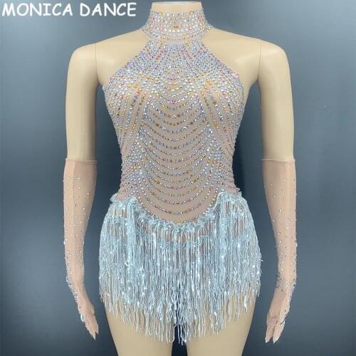 Women Sparkly Rhinestone Fringe Transparent Tassel Bodysuit Women Dance Show Leotard Celebrate Outfit Prom Bar Birthday Bodysuit