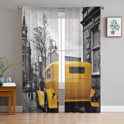 Building House Yellow Car Street Sheer Curtains for Living Room Bedroom Kitchen Chiffon Tulle Curtains Home Hotel Coffee Decor