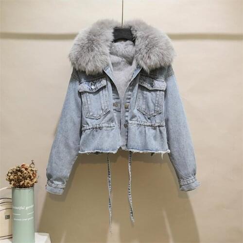 Denim Jacket Women Detachable Rabbit Fur Liner Real Fox Fur Collar Cowboy Parkas Female Washed Drawstring Lace up Fur Coat