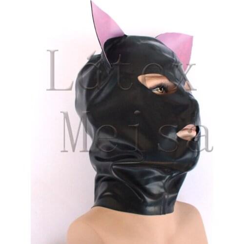 Fetish cat black latex hoods attached pink ears and open mouth and eyes with back zip