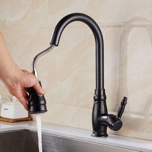 Kitchen Faucets Brass Black Bronze Pull Out Kitchen Mixer Tap 2 Way Function Water Mixer Deck Mounted Single Handle Sink Crane