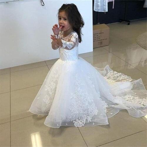 Fashion White Flower Girl Dresses Lace Applique Long sleeve for Wedding O-Neck Dresses for Girl Holy Communion Pageant Gown