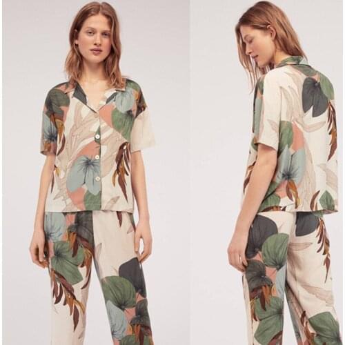 2020 Autumn Womens 2pc Pajamas Set Printing Short Sleeve Tops Long Pants Trousers Pajama Sleepwear Loungewear Pyjamas Suit