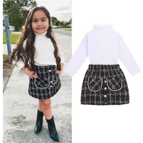 1-6Y Autumn Toddler Girls Clothes Sets 2pcs Solid Long Sleeve Turtleneck Sweater+Plaid Mini Skirts Girls Elegant Casual Outfits