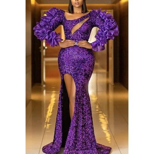 Purple Ruffles Long Sleeve Prom Dress 2021 High Side Split Sparkly Sequined Mermaid African Plus Size Women Formal Evening Gowns