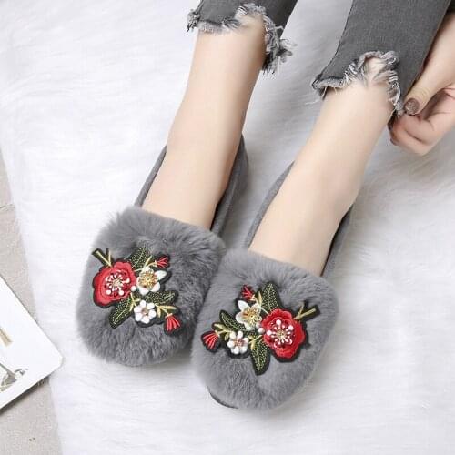 Appliques Embroider rabbit hair oxfords shoes woman plus size cotton fur creepers ladies winter flats loafers pregnant moccasins