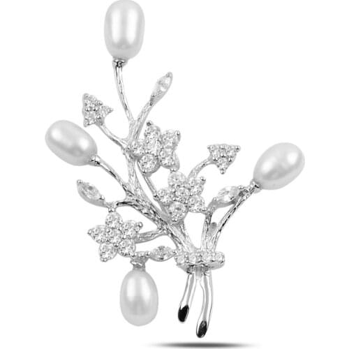 Silverlina Silver Pearl & Zircon Crystal Brooch