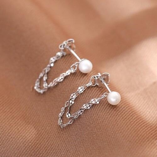 925 Sterling Silver Double Layer Tassel Round Pearl Bead Korean Stud Earrings For Women Wedding Jewelry Brincos Pendientes