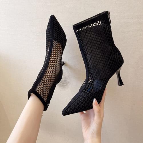 Mesh hollow womens boots summer new style all-match stiletto womens boots pointed toe fashion womens high heels womens boots