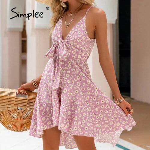 Simplee Sexy floral spaghetti strap v-neck bowknot women dress Hollow out asymmetrical dresses Female beach sleeveless vestidos
