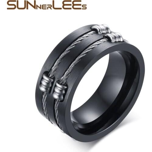 SUNNERLEES Titanium Stainless Steel Rings Silver Color High Polished With Cool Wire Men Boy Punk Rock Ring Jewelry Gift R-168