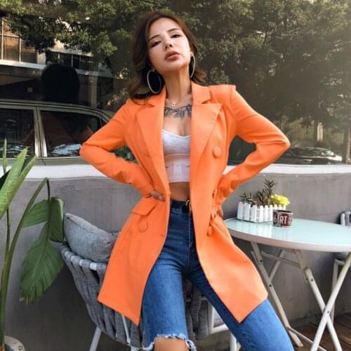 Sexy Office Lady Long Sleeve Blazer Jacket Women Fashion Korean Double Breasted Orange Long Coat Fall Elegant Slim Solid Clothes