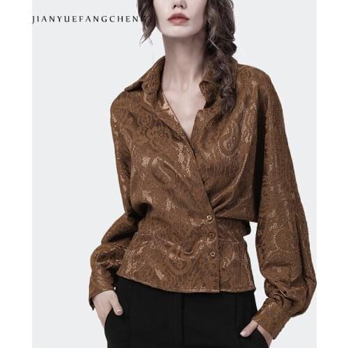 Women' Long Sleeve Brown Paisley Satin Shirt 2021 Autumn New Irregular Placket V-Neck Elegant Lace Chic Blouse Loose-Fitting Top