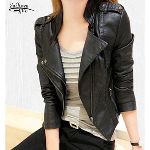 2021 Autumn Winter Ladies Motorcycle Leather Jackets Women Turn-down Collar Zipper Slim Black Moto & Biker Jacket Female 15688