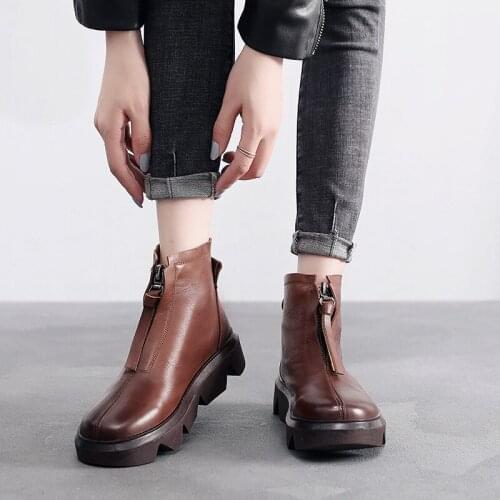 Womens Leather Shoes 2020 Autumn New European and American Retro Hand-made Leather Ladies Boots Ankle Genuine Leather