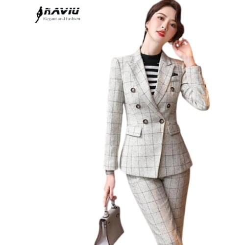 White Plaid Women Two Piece Suits Fashion Temperament Professional Winter Long Sleeve Blazer And Pants Office Ladies Work Wear