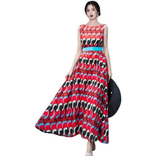 Elegant print maxi Dress one piece korean ladies Summer Sleeveless Crew neck Cabaret party A line robe Dresses for women