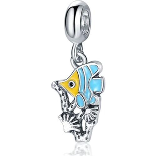 1Pcs New Cute Blue Fish Pendant DIY Beads Suitable for Original Pandora Charm Bracelet Ladies Jewelry Making Gifts