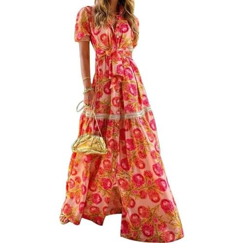 BAMBOOBOY Women Elegant Vintage Button Short Sleeve Floral Print Belt Tunic Bohemian Beach Casual Maxi Long Dress Vestidos FD163