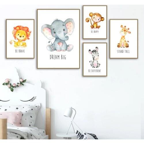 Lion Monkey Elephant Giraffe Nursery Wall Art Canvas Painting Cartoon Nordic Posters & Prints Wall Pictures Baby Kids Room Decor