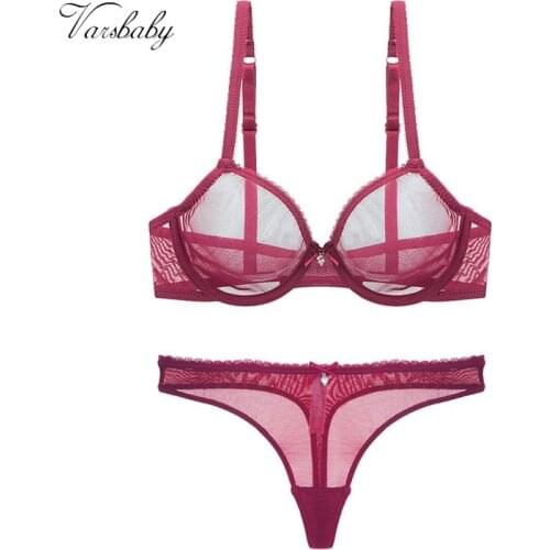 Varsbaby sexy lace underwear solid transparent three quarters yarn thong breathable bra set